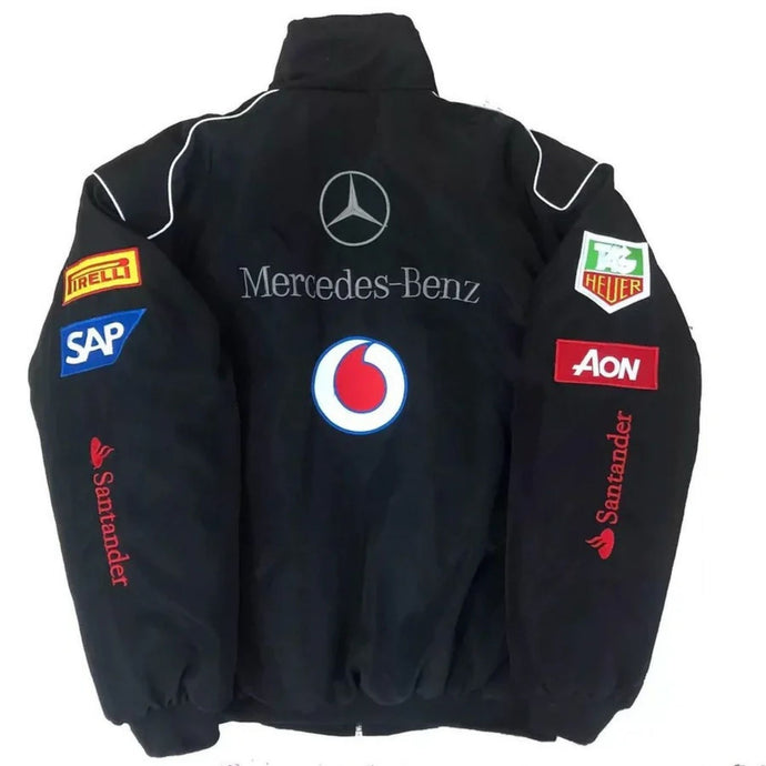 Black jacket with Mercedes-Benz and various sponsor logos on a white background