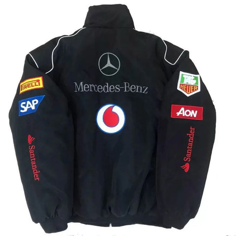Black jacket with Mercedes-Benz and various sponsor logos on a white background