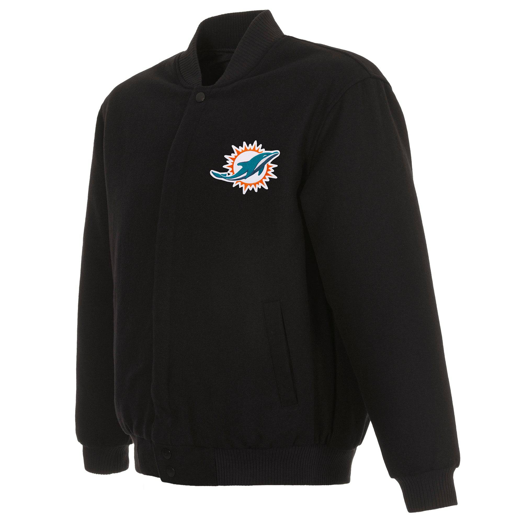A black wool-blend snap-front jacket with a ribbed collar, cuffs, and hem, featuring the embroidered Miami Dolphins logo on the left chest, shown on a plain white background.