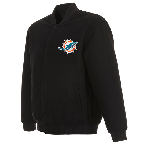 A black wool-blend snap-front jacket with a ribbed collar, cuffs, and hem, featuring the embroidered Miami Dolphins logo on the left chest, shown on a plain white background.
