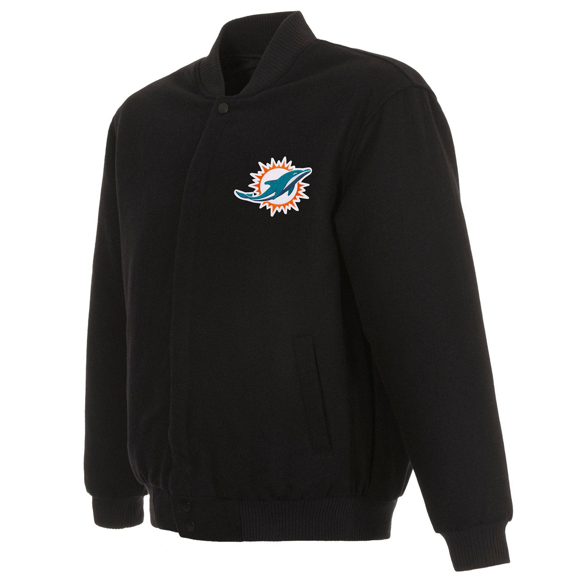 A black wool-blend snap-front jacket with a ribbed collar, cuffs, and hem, featuring the embroidered Miami Dolphins logo on the left chest, shown on a plain white background.