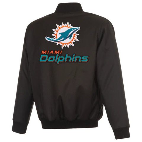 Black Miami Dolphins quarter-zip jacket shown from the back, featuring the team logo and 'MIAMI Dolphins' text in teal, orange, and white.