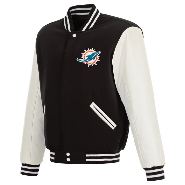 Black and white letterman jacket with a sports team logo on a white background