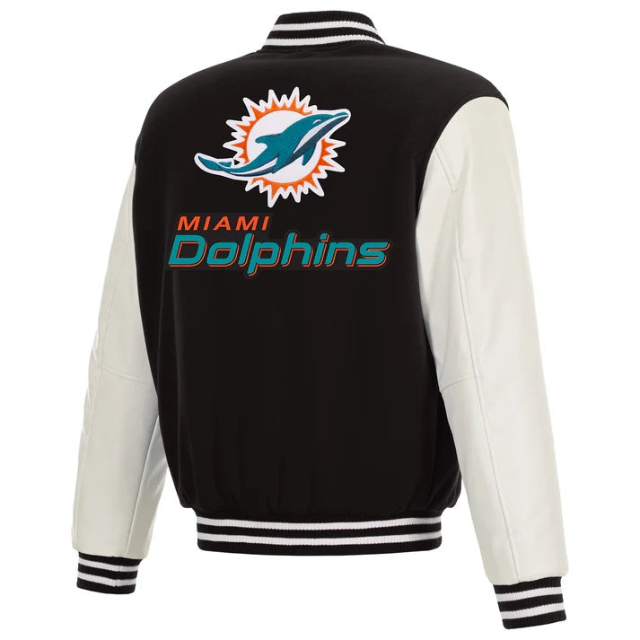 Black and white jacket with Miami Dolphins logo on a white background