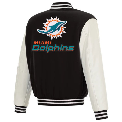 Black and white jacket with Miami Dolphins logo on a white background