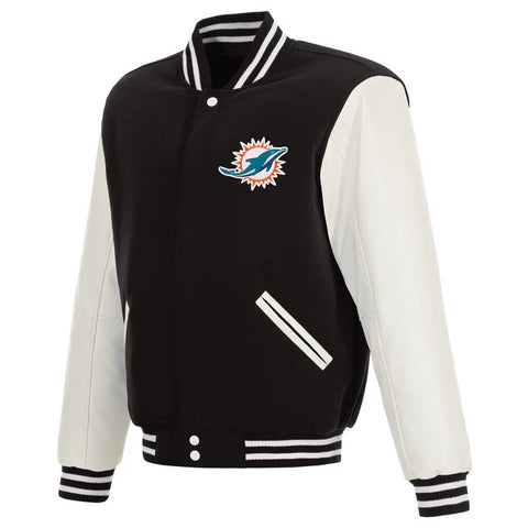 Black and white letterman jacket with a sports team logo on a white background