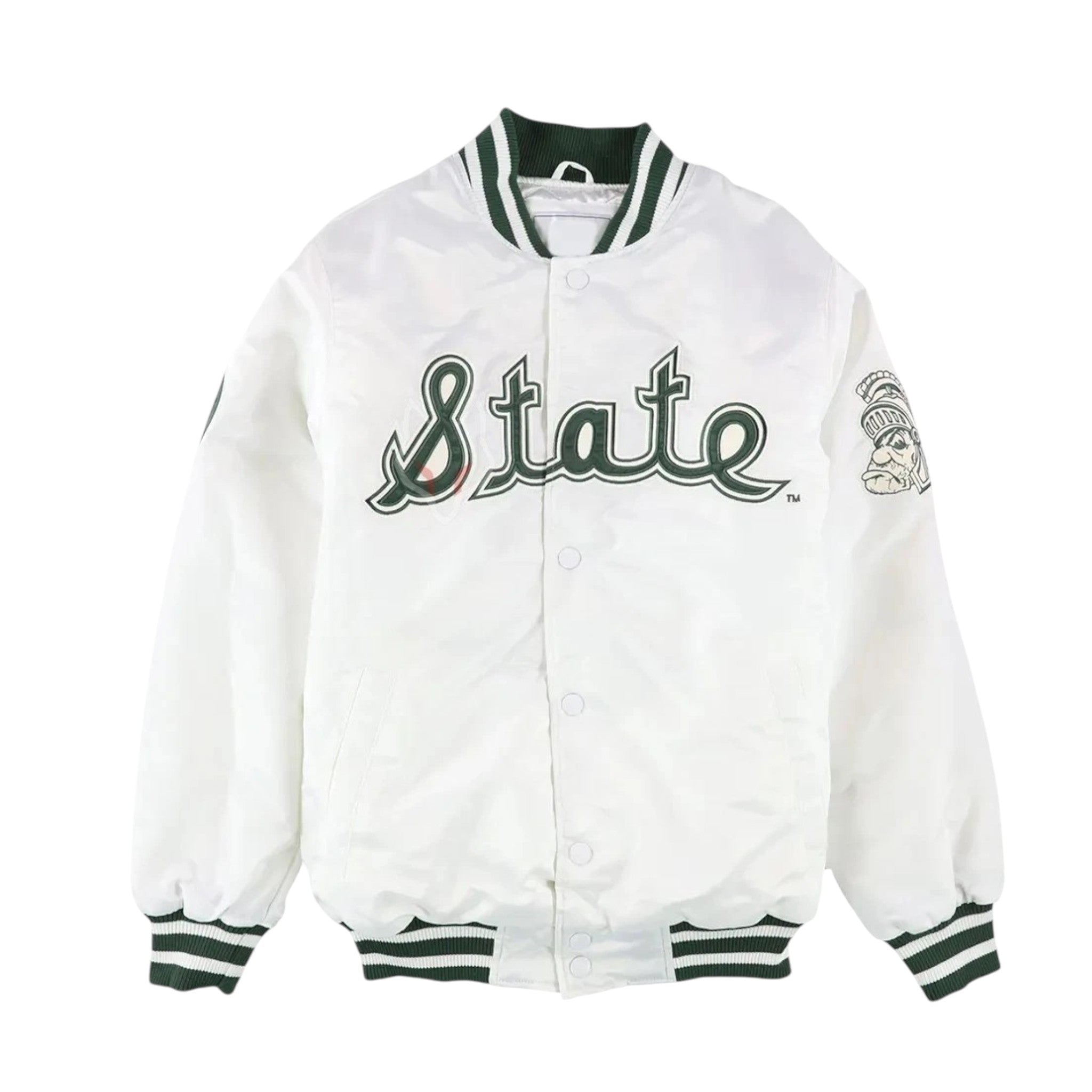 White varsity jacket with 'State' text and green accents on a white background