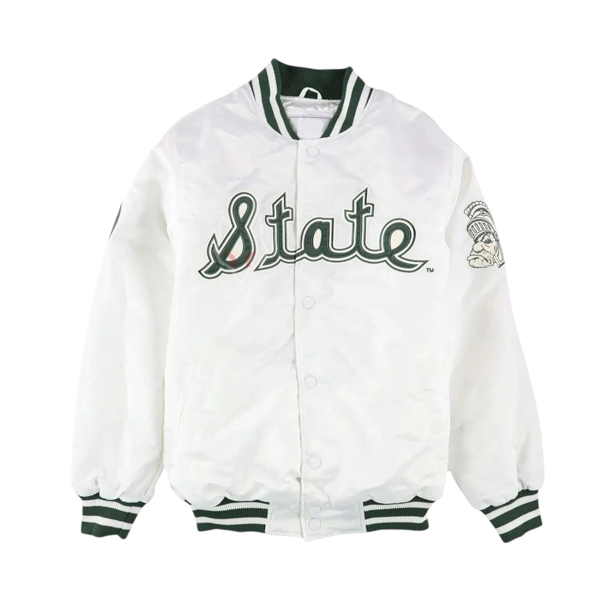 White varsity jacket with 'State' text and green accents on a white background