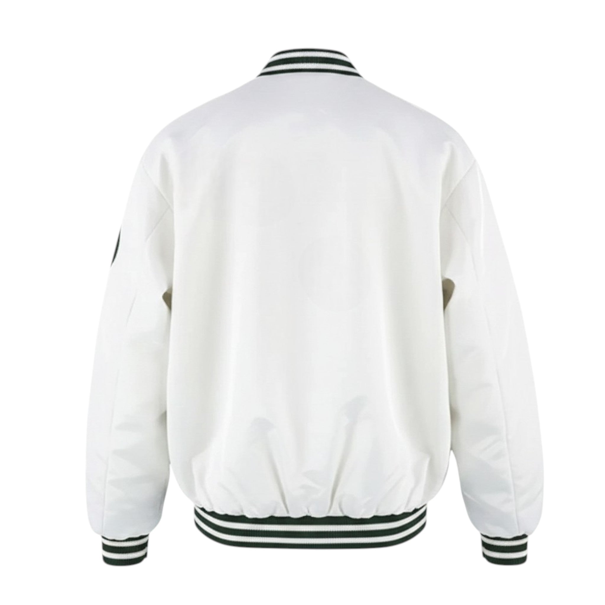 White bomber jacket with black and green accents on a white background