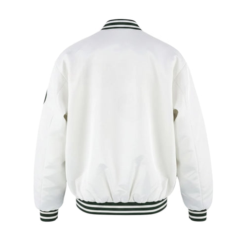 White bomber jacket with black and green accents on a white background