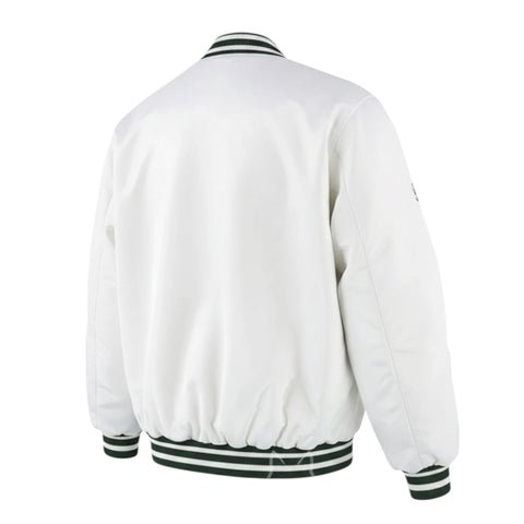 White varsity jacket with black and green trim on a white background