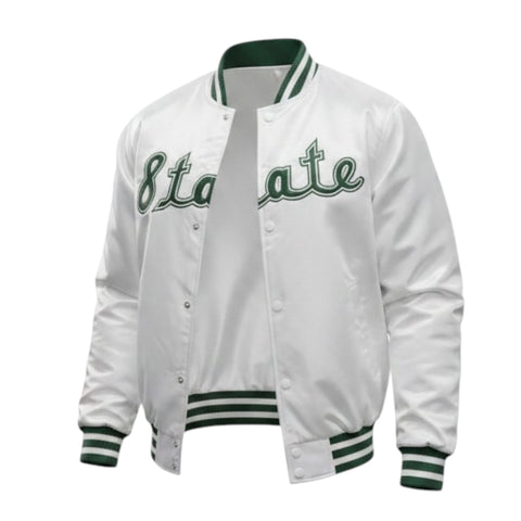 White varsity jacket with green lettering on a white background