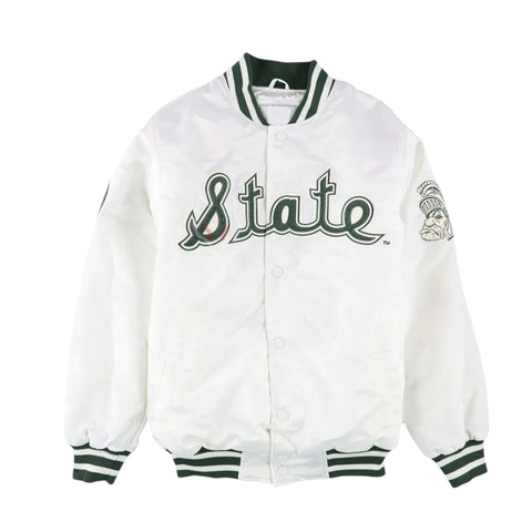 White varsity jacket with 'State' text and green accents on a white background