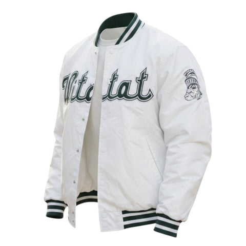 White varsity jacket with black lettering and design on a white background