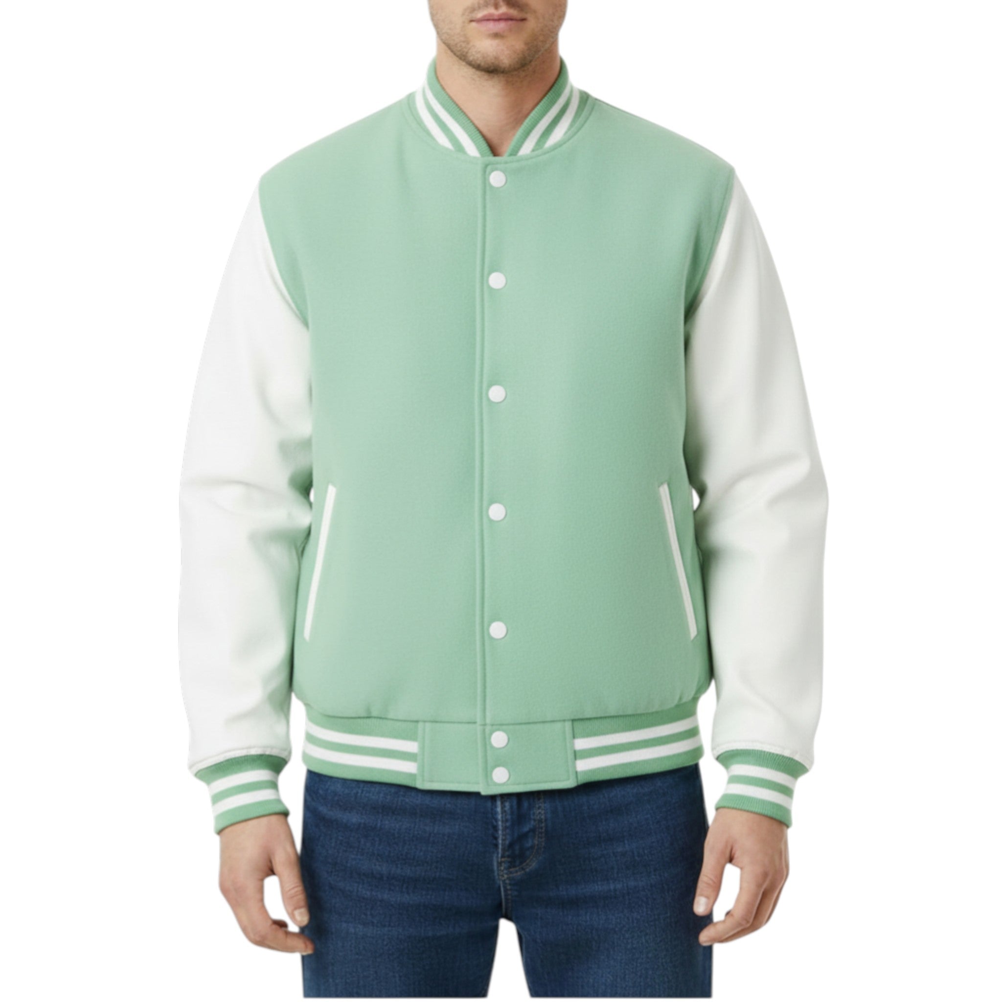 Green and white varsity jacket worn by a person on a white background