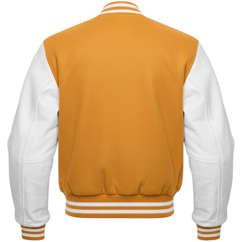 Varsity jacket with mustard back and white sleeves on a white background