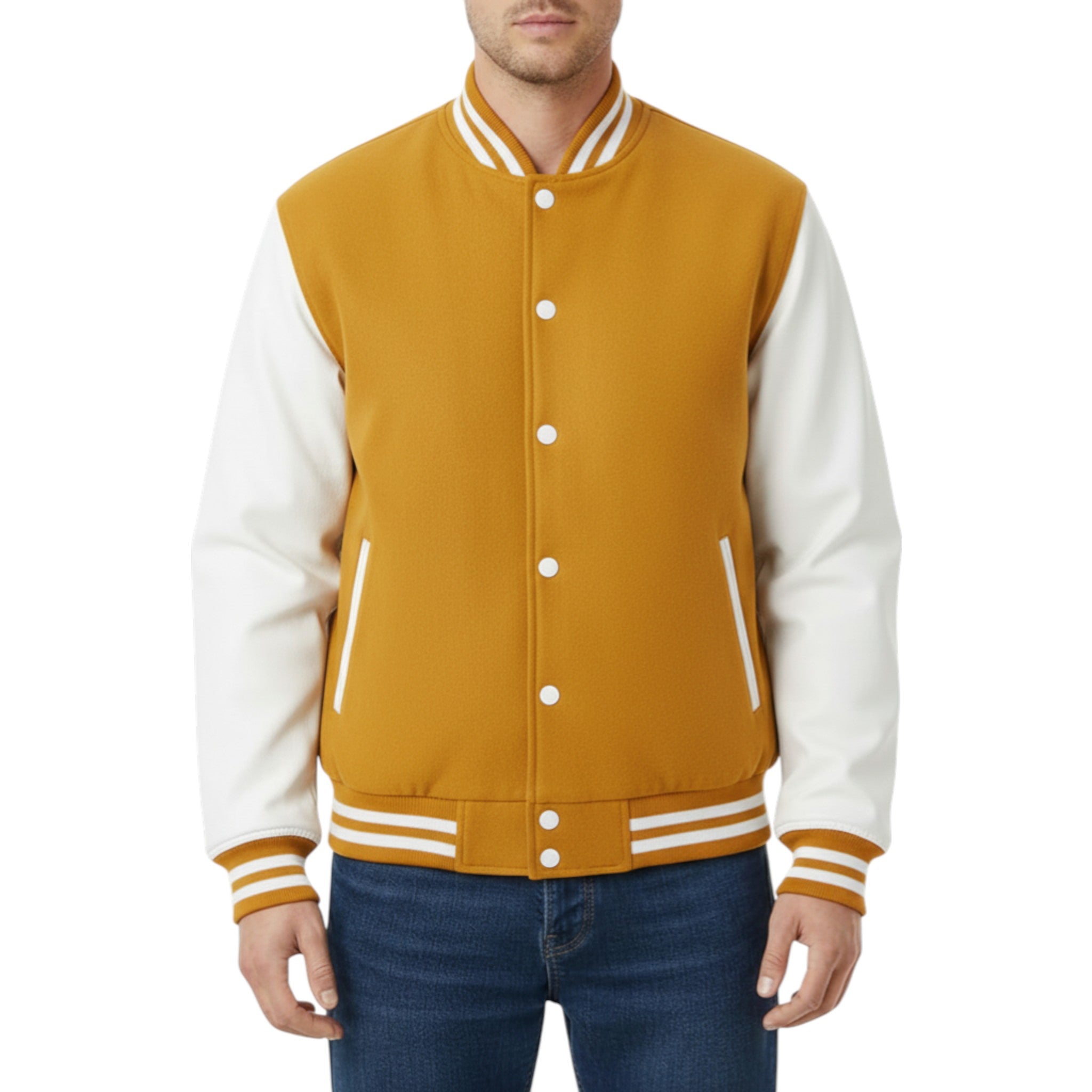 Mustard and white varsity jacket worn by a person on a white background