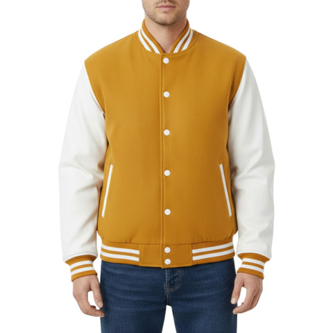 Mustard and white varsity jacket worn by a person on a white background