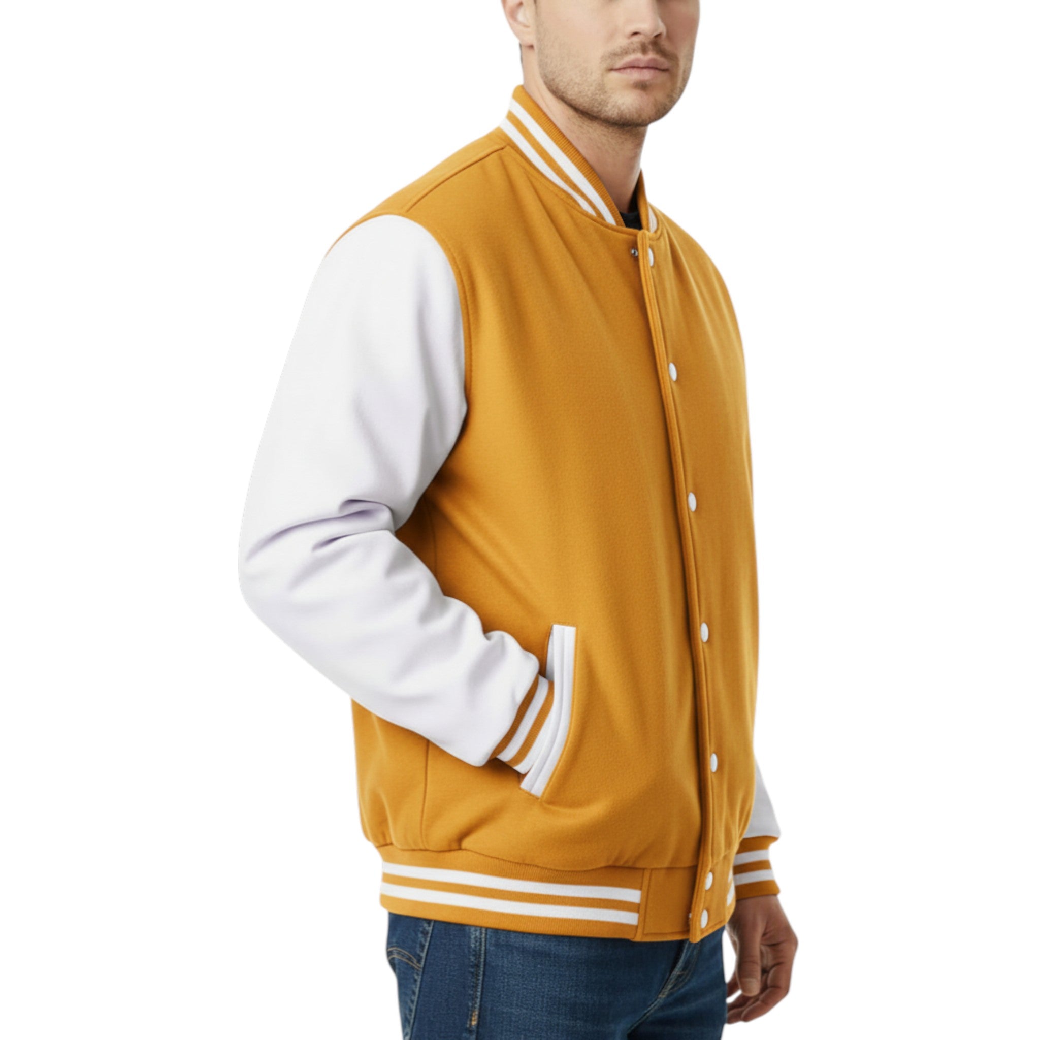 Man wearing a mustard yellow varsity jacket with white sleeves on a white background