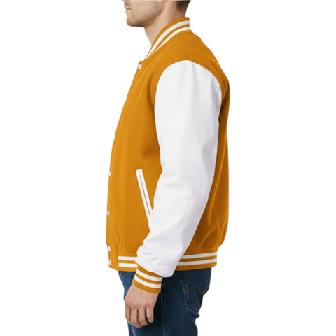 Person wearing a mustard yellow and white varsity jacket on a white background