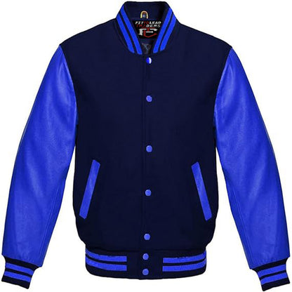 A multicolor varsity style jacket with a black wool body and royal blue leather sleeves, featuring a full front snap button closure and ribbing on cuffs, collar, and hem.
