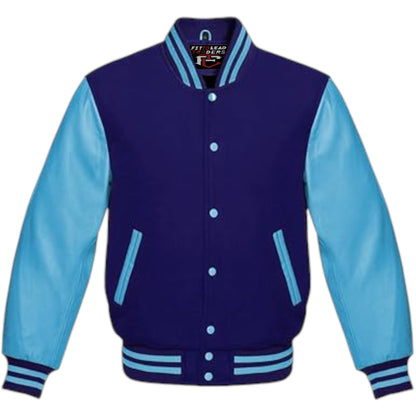 A multicolor wool varsity style jacket with genuine sky blue leather sleeves, featuring a full front snap button closure, ribbing on cuffs, collar, and hem, and multiple pockets.