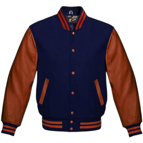 Custom Color Varsity Jacket Unisex – Brown Leather Sleeve Wool