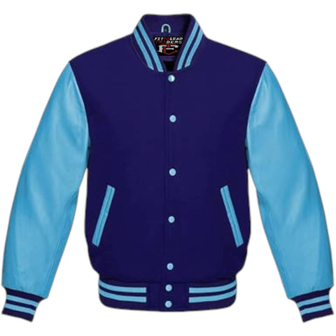 Multicolor Wool Varsity Jacket Genuine Sky Leather Sleeves
