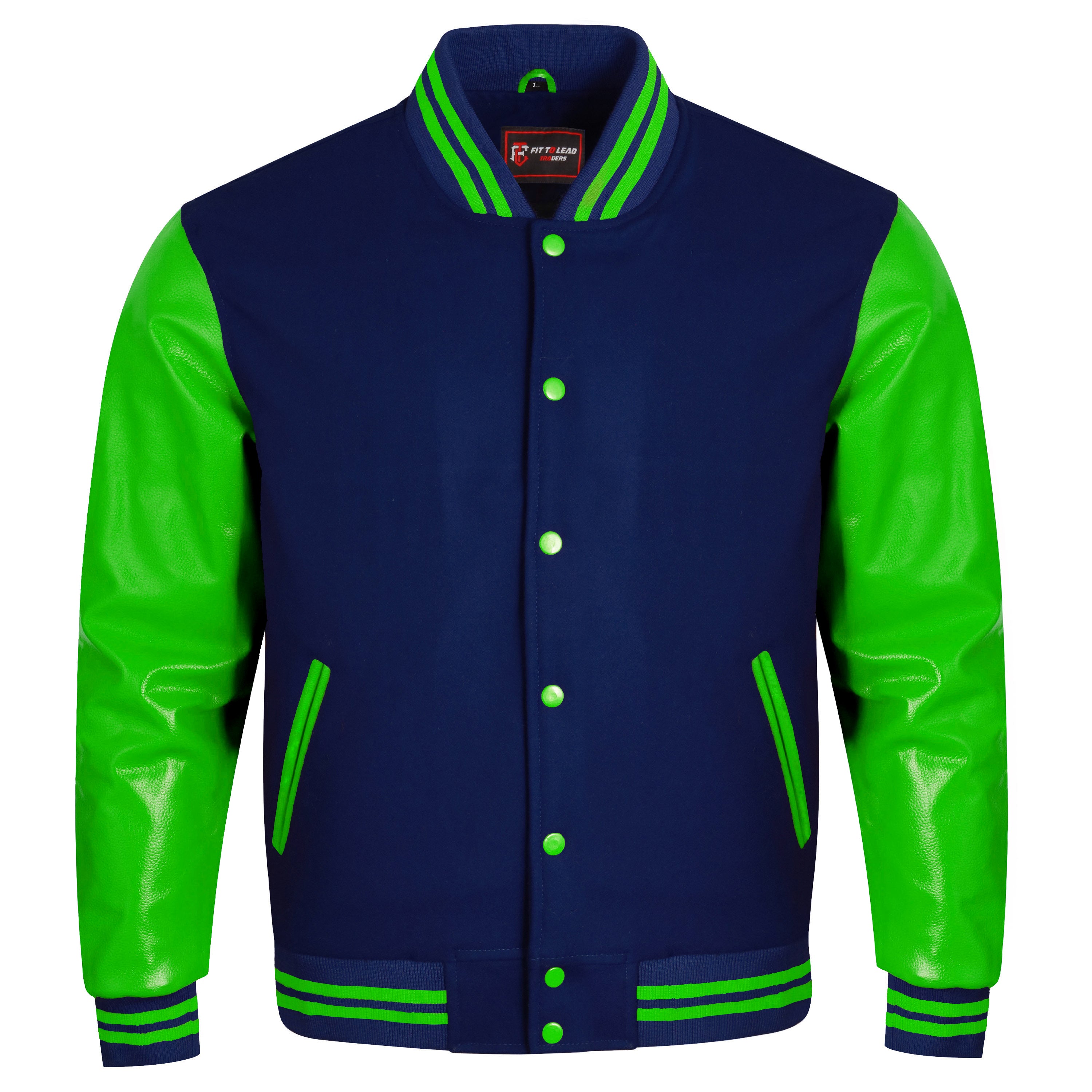 A varsity-style jacket with a navy blue body and bright green faux-leather sleeves, featuring green striped ribbing and green buttons, shown on a plain white background.
