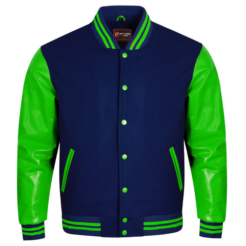 A varsity-style jacket with a navy blue body and bright green faux-leather sleeves, featuring green striped ribbing and green buttons, shown on a plain white background.