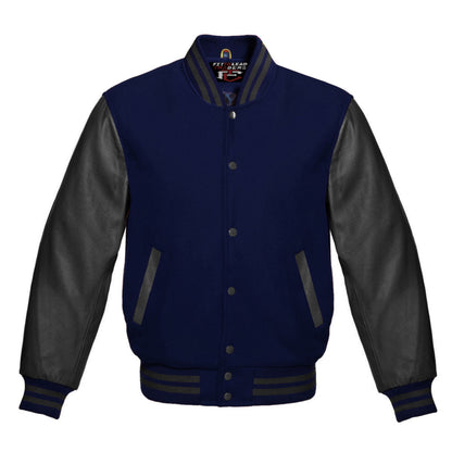 Navy blue varsity jacket with black leather sleeves on a white background