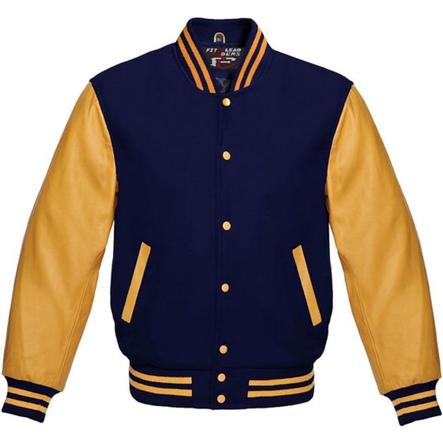 Navy and yellow varsity jacket on a white background
