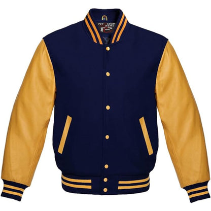 Navy and yellow varsity jacket on a white background