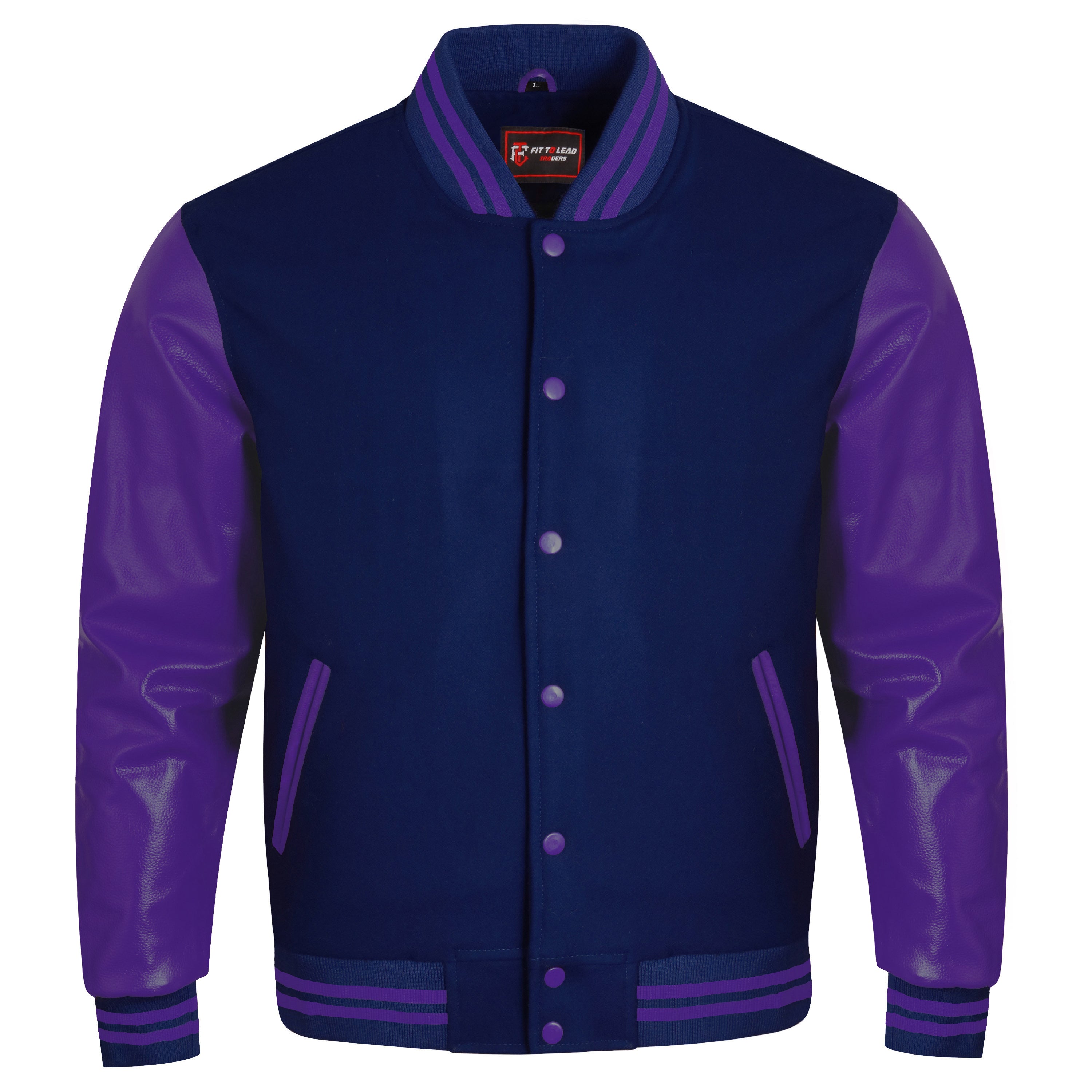 A varsity-style jacket with a navy blue body and bright green faux-leather sleeves, featuring green striped ribbing and green buttons, shown on a plain white background.