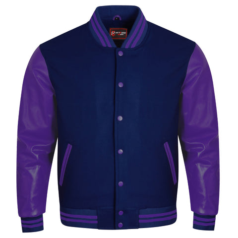 A varsity-style jacket with a navy blue body and bright green faux-leather sleeves, featuring green striped ribbing and green buttons, shown on a plain white background.