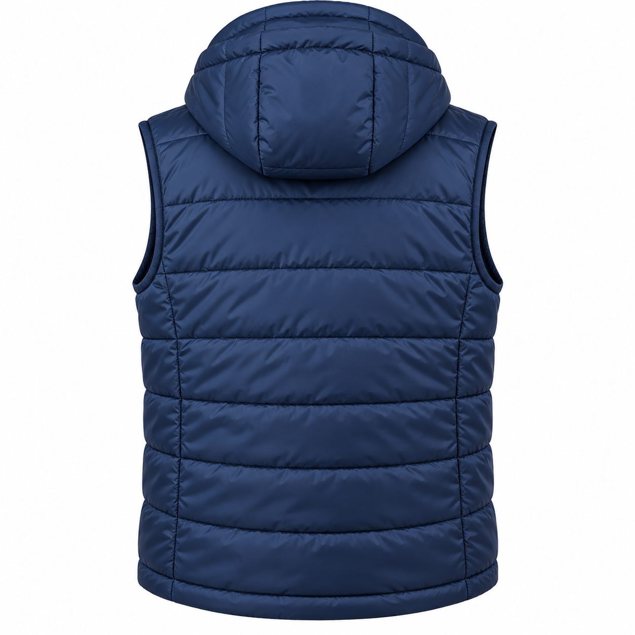A navy blue hooded puffer vest shown from the back, featuring horizontal quilting and a sleeveless design, set against a plain white background.