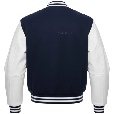Navy and white varsity jacket with a visible brand hashtag on the back.