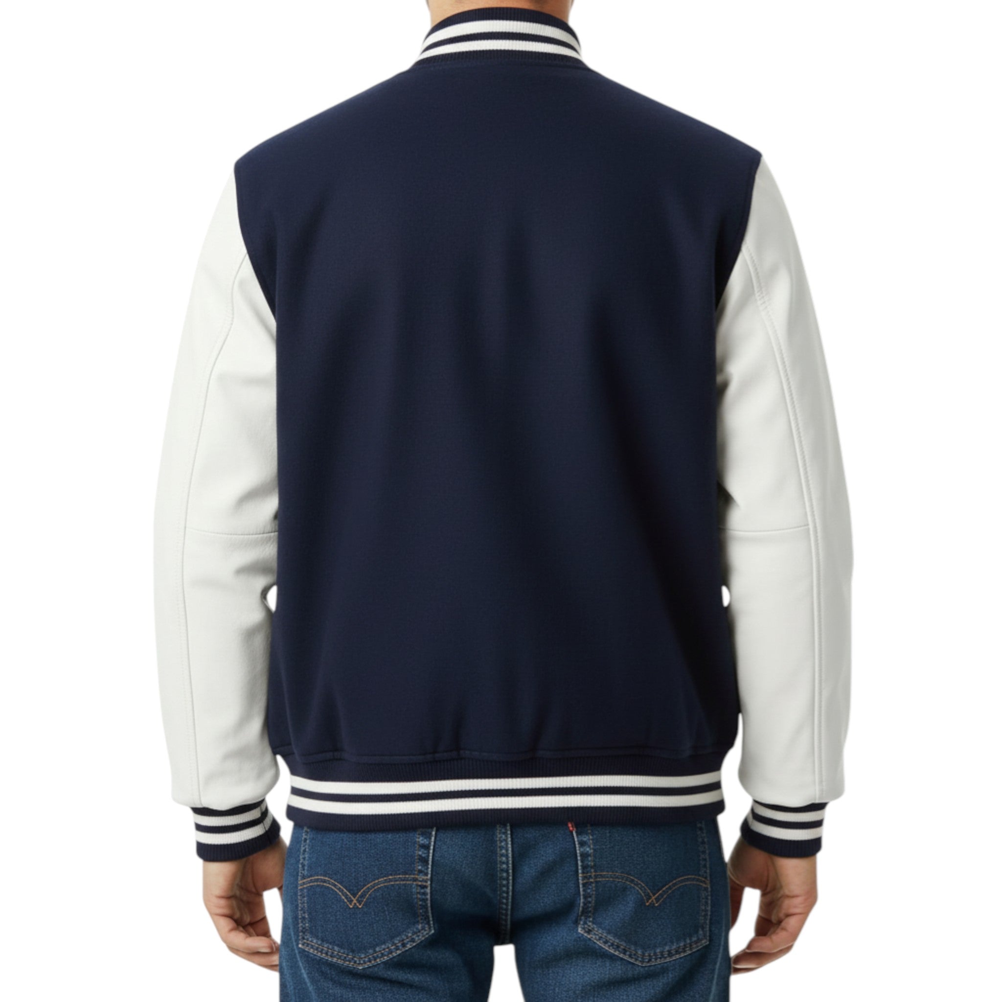 Navy and white varsity jacket worn by a person on a white background