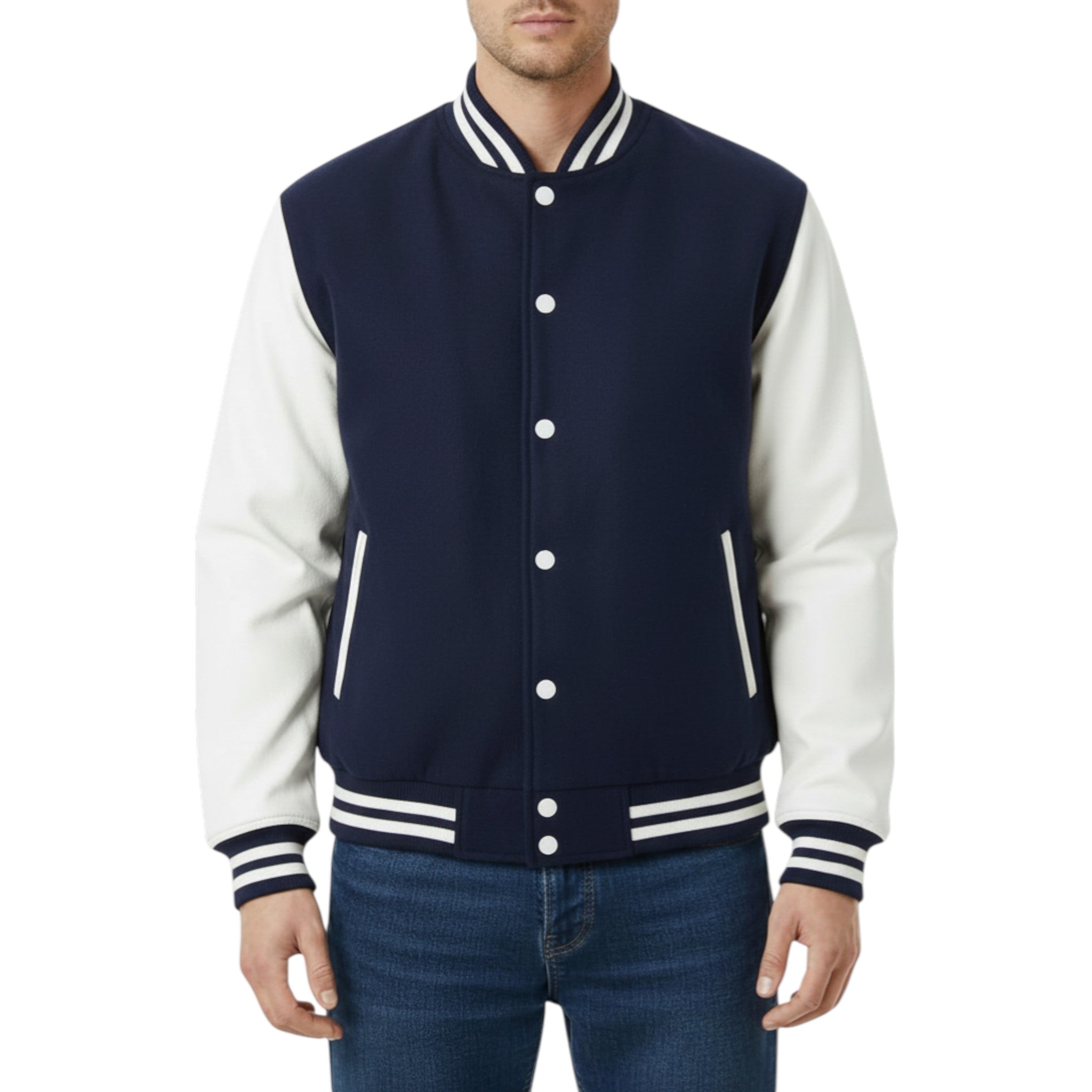 Navy and white varsity jacket worn by a person on a white background