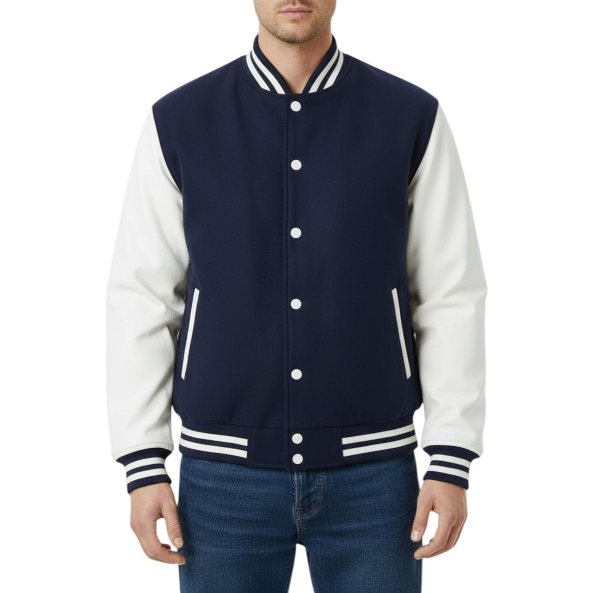 Navy and white varsity jacket worn by a person on a white background