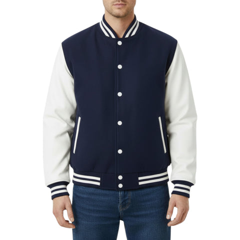 Navy and white varsity jacket worn by a person on a white background