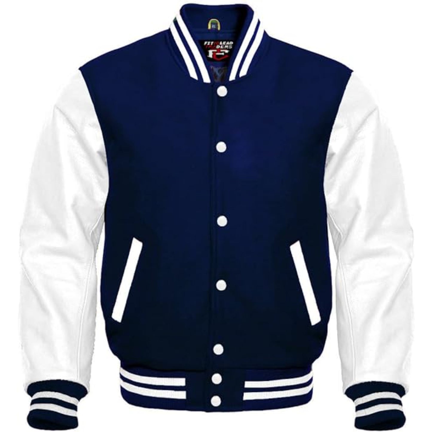 Navy and white varsity jacket with brand label on a white background