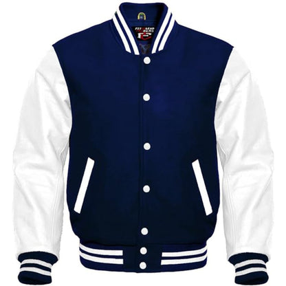 Navy and white varsity jacket with brand label on a white background