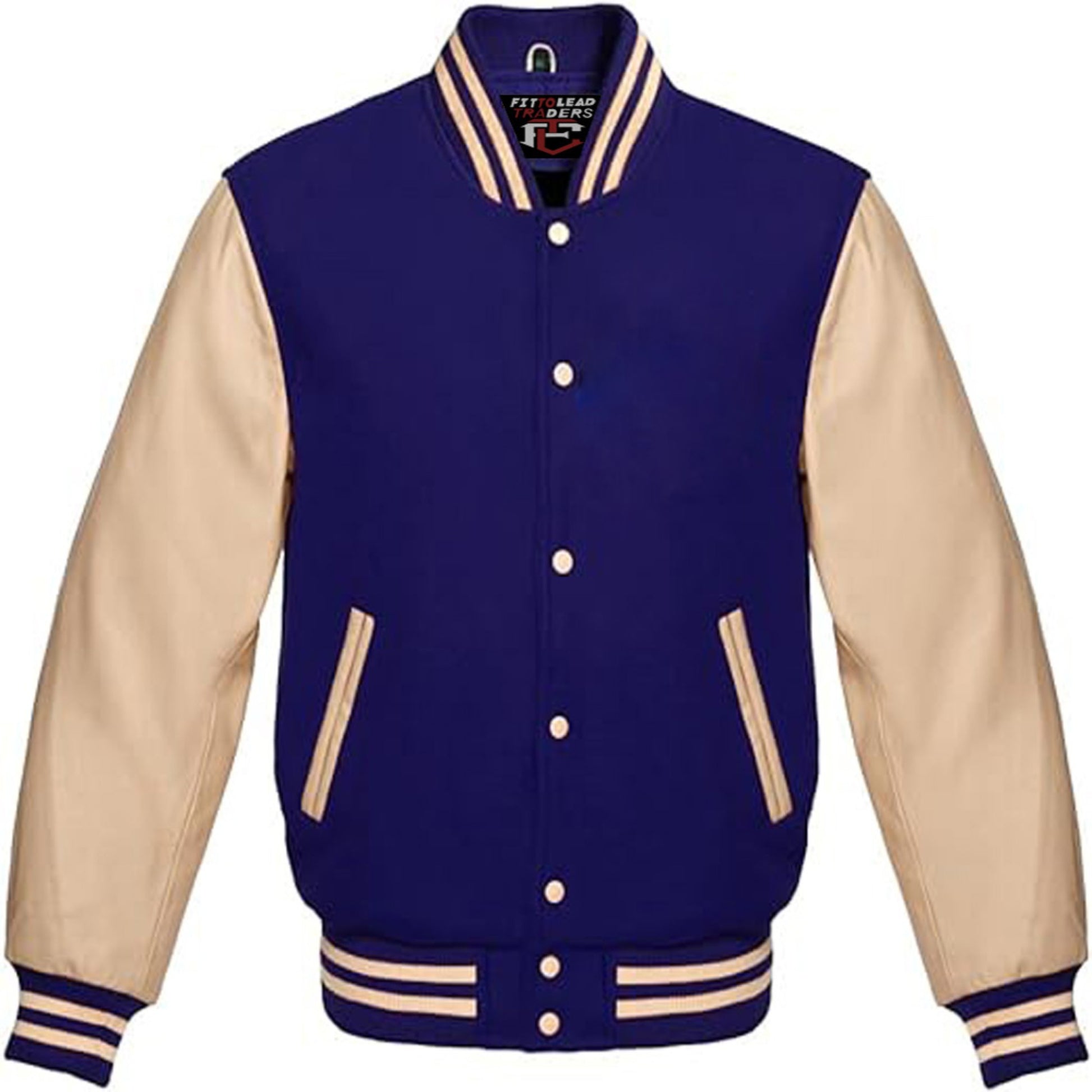 Classic Wool Varsity Jacket with Cream Leather Sleeves