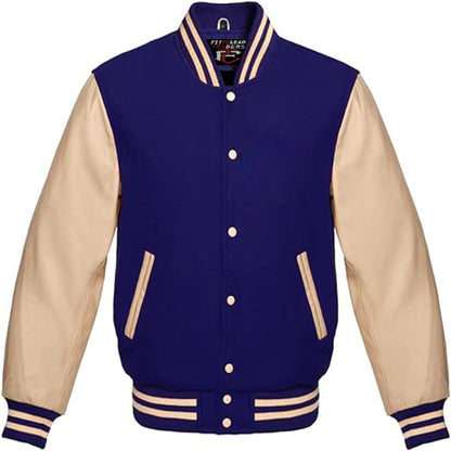 Navy and beige varsity jacket on a white background