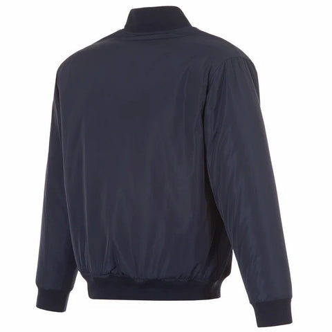 Navy blue bomber jacket on a white background