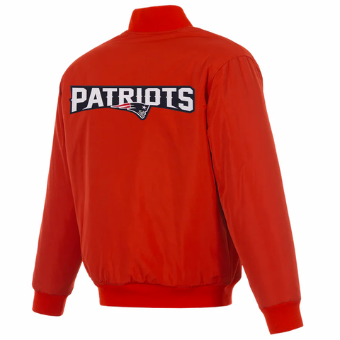 A red New England Patriots jacket shown from the back, featuring a large 'PATRIOTS' logo with the team's navy and white logo across the upper back.