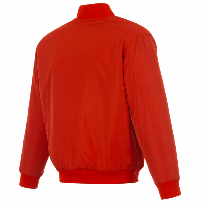 A bright red bomber jacket shown from the back, featuring a high ribbed collar, long sleeves, and a matching red ribbed hem and cuffs, set against a plain white background.