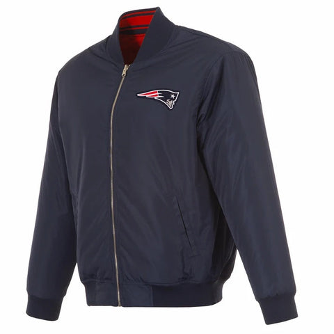 Navy bomber jacket with a logo on a white background