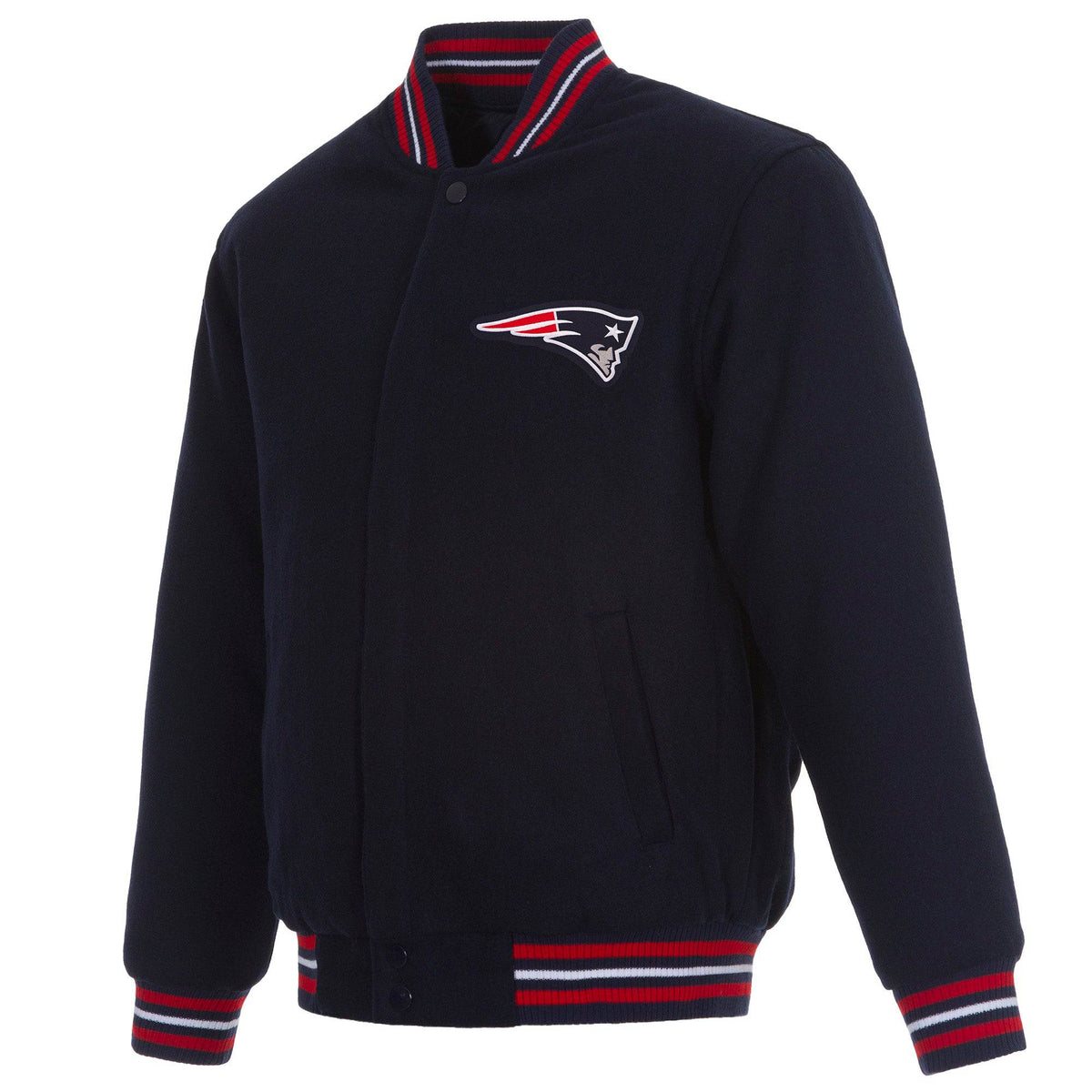 A navy blue wool-blend varsity jacket featuring the embroidered New England Patriots logo on the left chest, with red and white striped ribbed trim on the collar, cuffs, and hem.